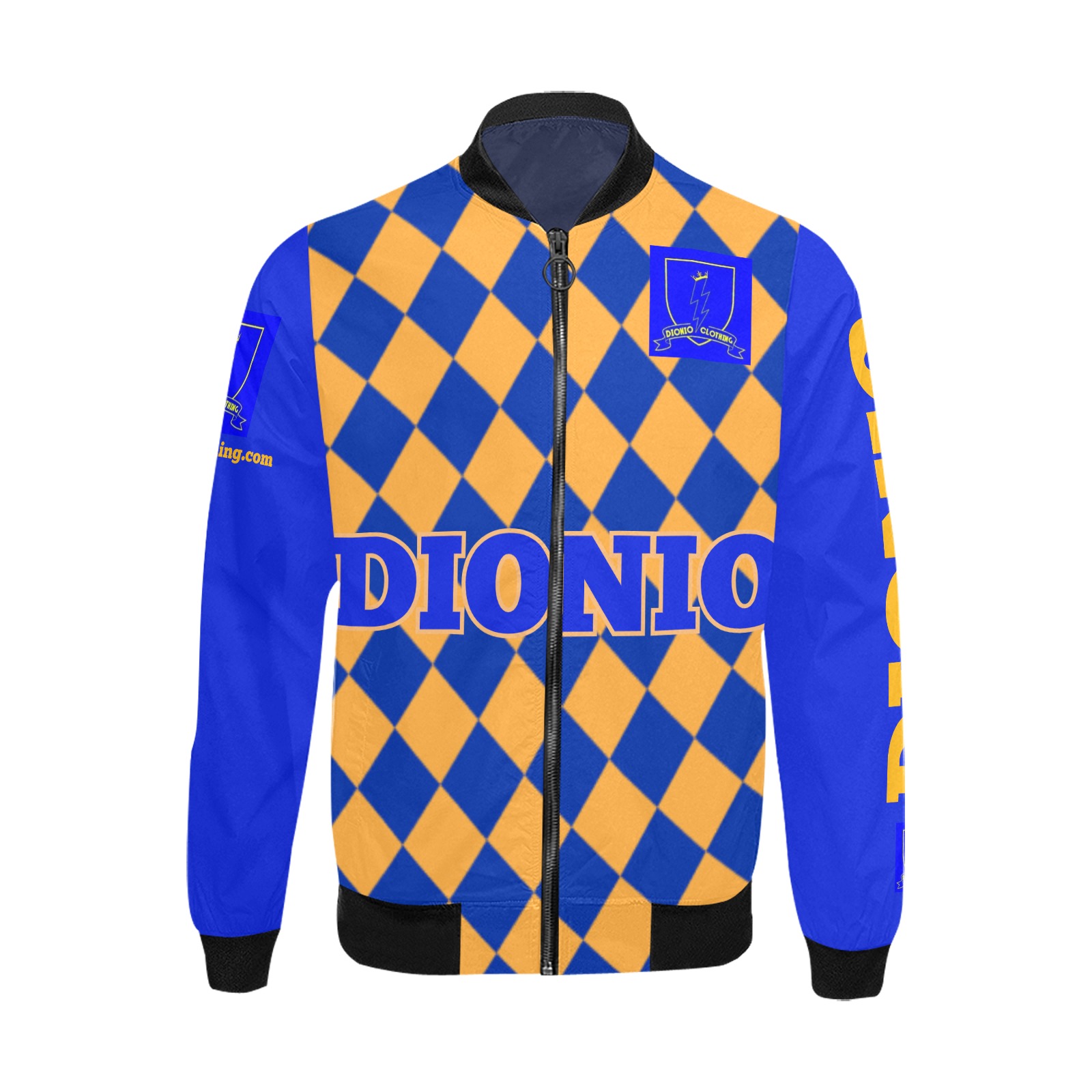 DIONIO Clothing - Half-Checkered Blue & Gold Bomber Jacket (Gold Big DIONIO LOGO) All Over Print Bomber Jacket for Men (Model H31)