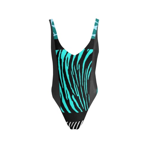 Teal Mixed Animal Print Sexy Low Back One-Piece Swimsuit (Model S09)