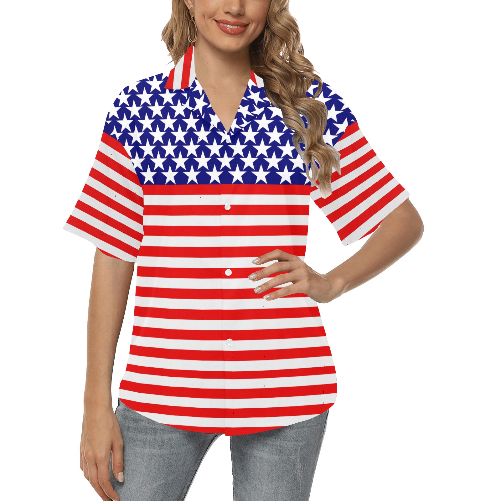 USA Stars and Stripes All Over Print Hawaiian Shirt for Women (Model T58)