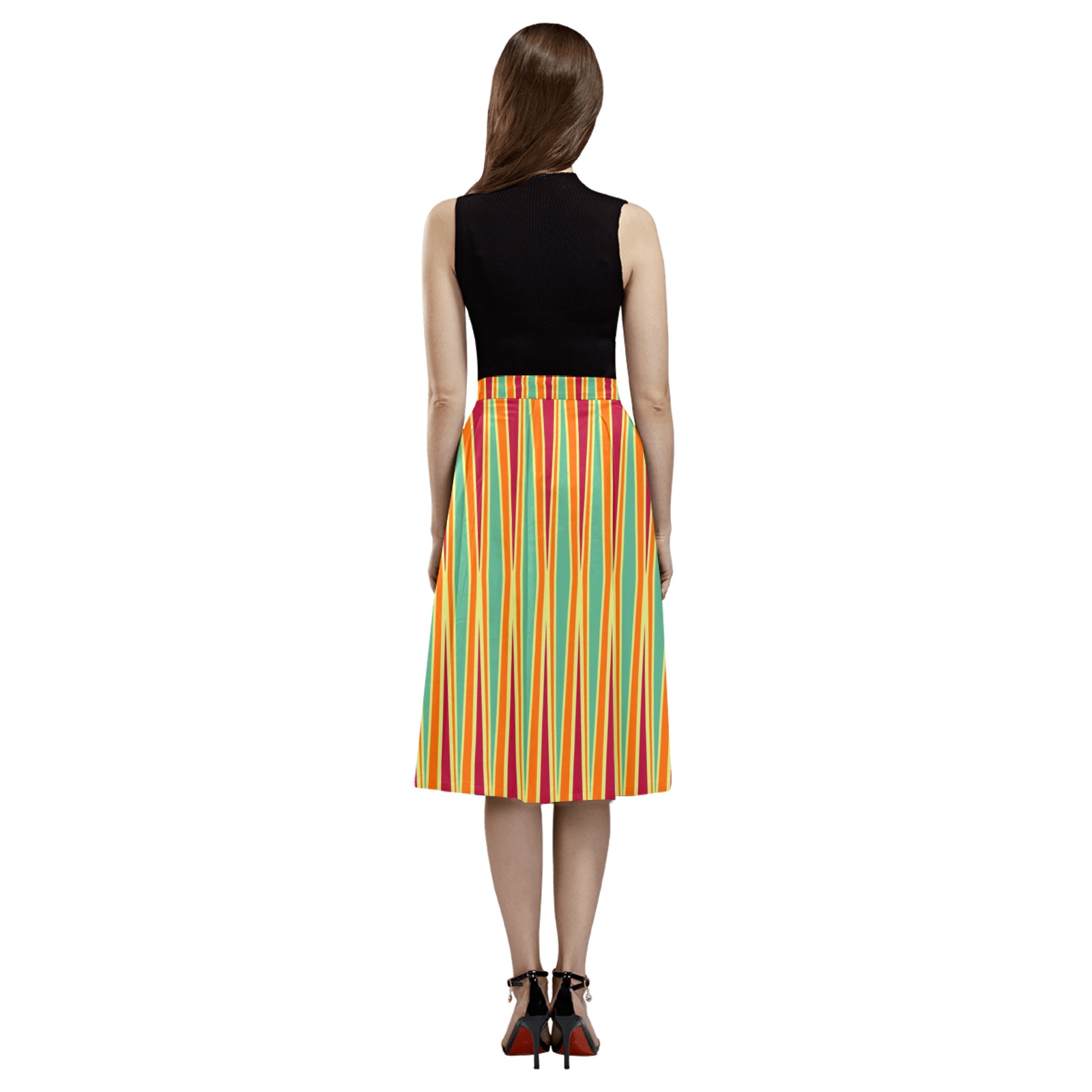 Tribal striped burgundy orange cream azure Mnemosyne Women's Crepe Skirt (Model D16)