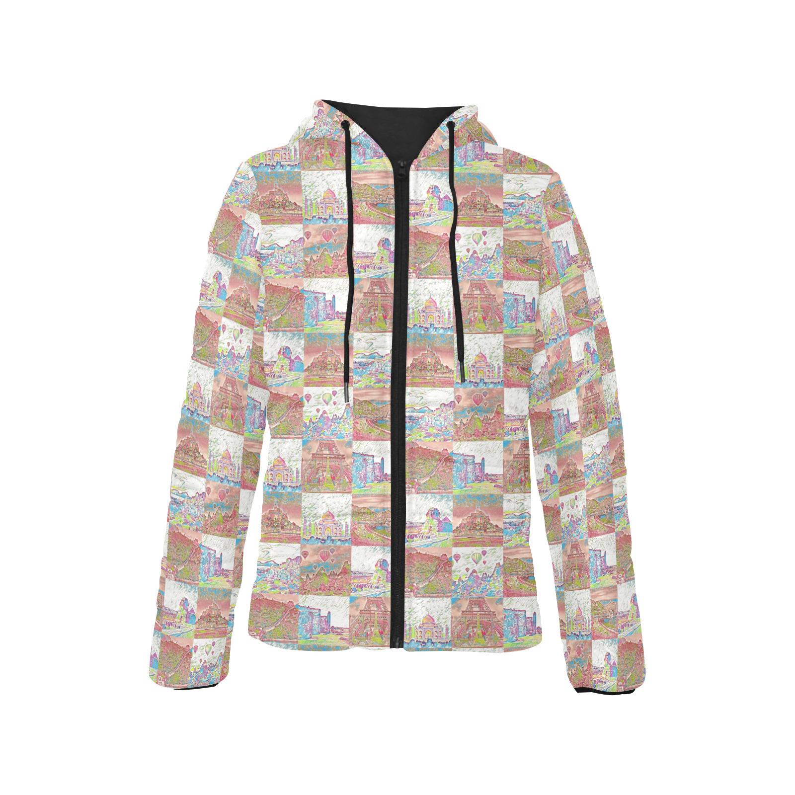 Big Pink and White World travel Collage Pattern Women's Padded Hooded Jacket (Model H46)
