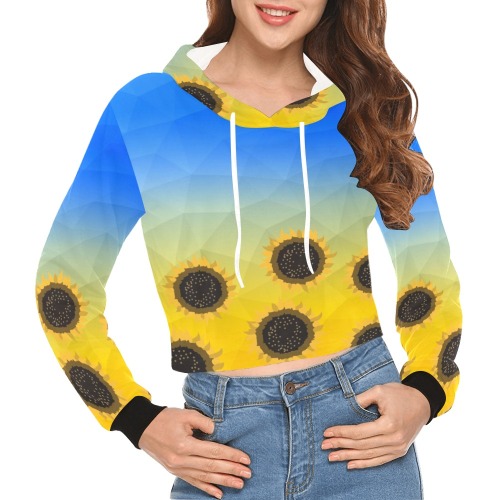 Ukraine yellow blue geometric mesh pattern Sunflowers All Over Print Crop Hoodie for Women (Model H22)
