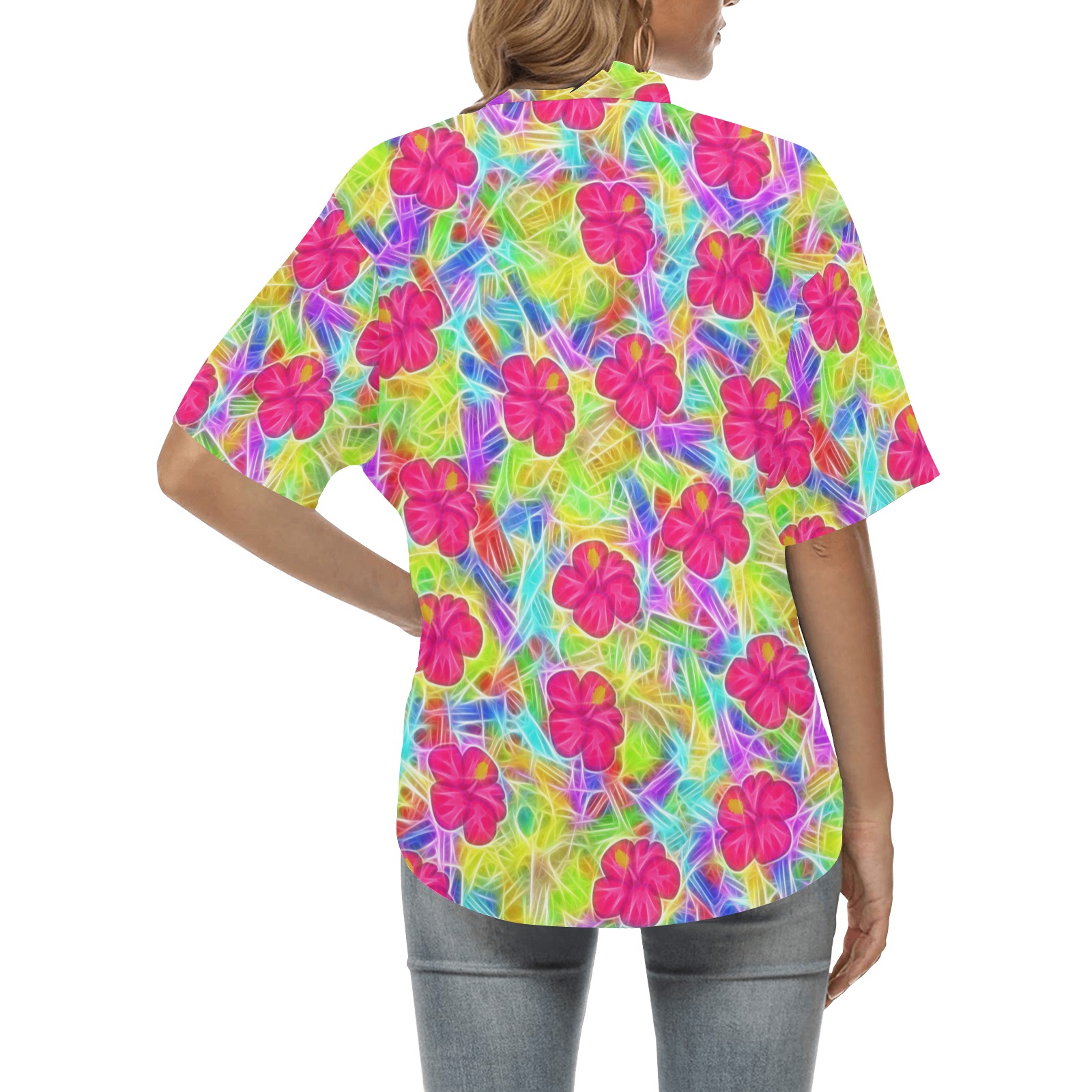 Pink Hawaiian Flowers Pattern All Over Print Hawaiian Shirt for Women (Model T58)