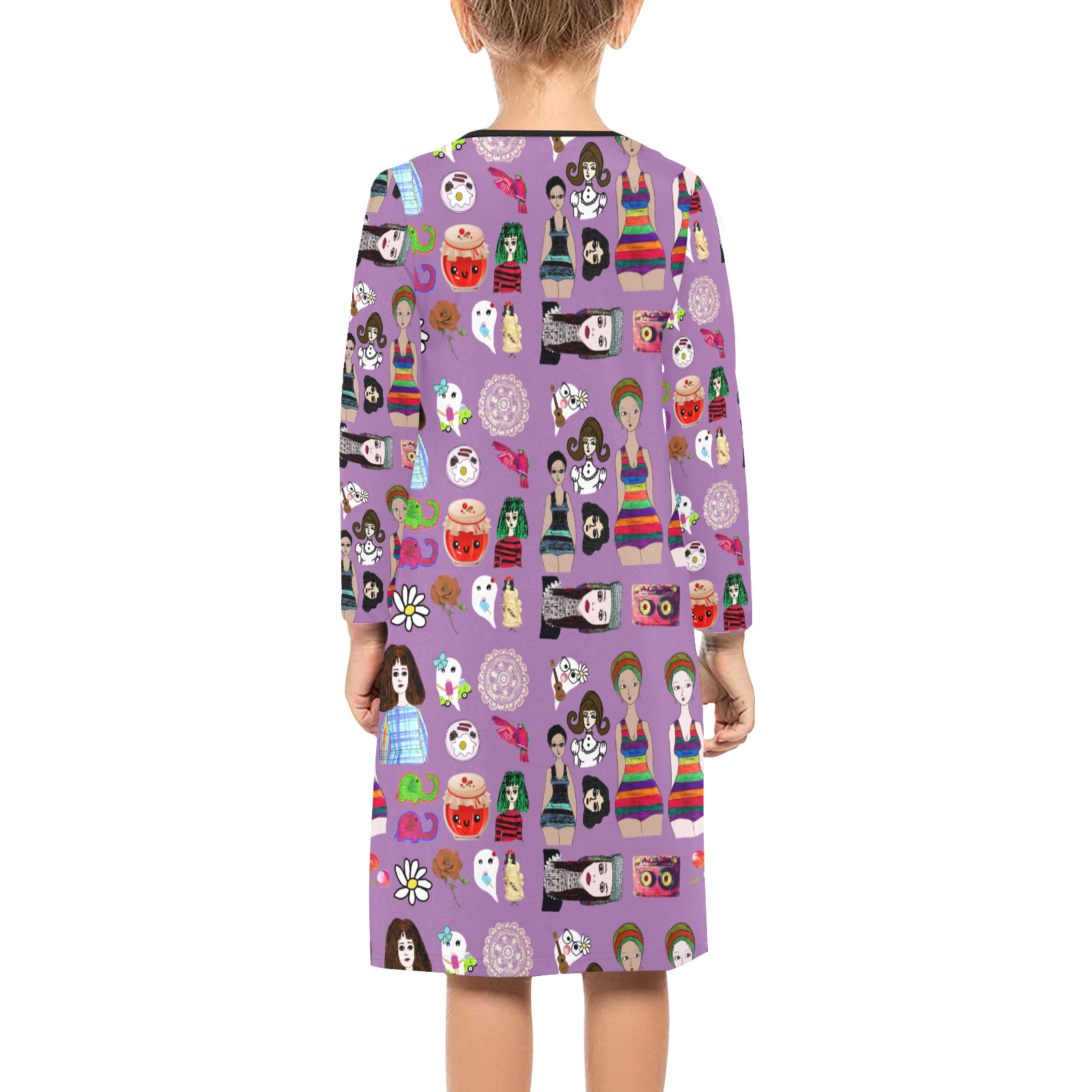 drawing collage purple Girls' Long Sleeve Dress (Model D59)