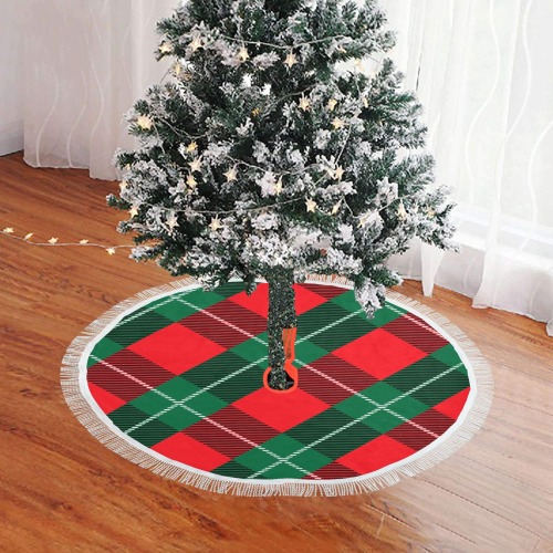 Christmas Plaid Thick Fringe Christmas Tree Skirt 30"x30"