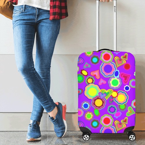 Groovy Hearts and Flowers Purple Luggage Cover/Small 18"-21"