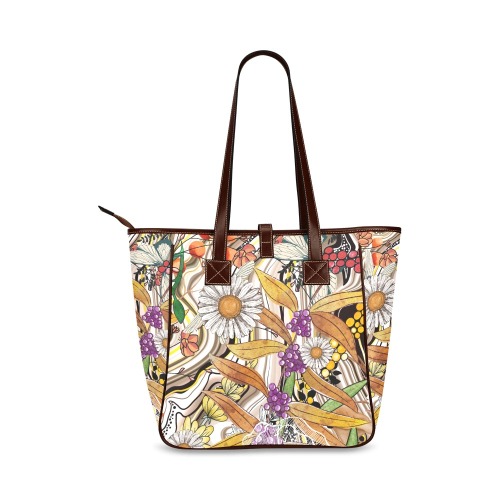 Daisies in Autumn leather stripe tote Classic Tote Bag (Model 1644)
