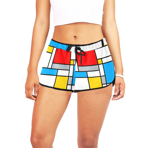 Mondrian Style Color Composition Geometric Retro Art Women's All Over Print Relaxed Shorts (Model L19)