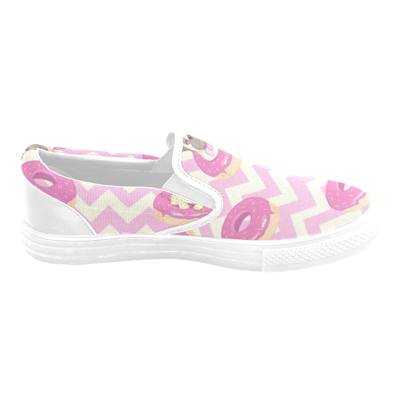 Pugs and Donuts on Pink Chevron Women's Unusual Slip-on Canvas Shoes (Model 019)