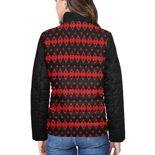 Black Red Playing Card Shapes / Black Women's Stand Collar Padded Jacket (Model H41)