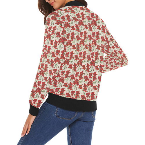 Red Poppy Flowers Vintage Floral Pattern All Over Print Bomber Jacket for Women (Model H19)