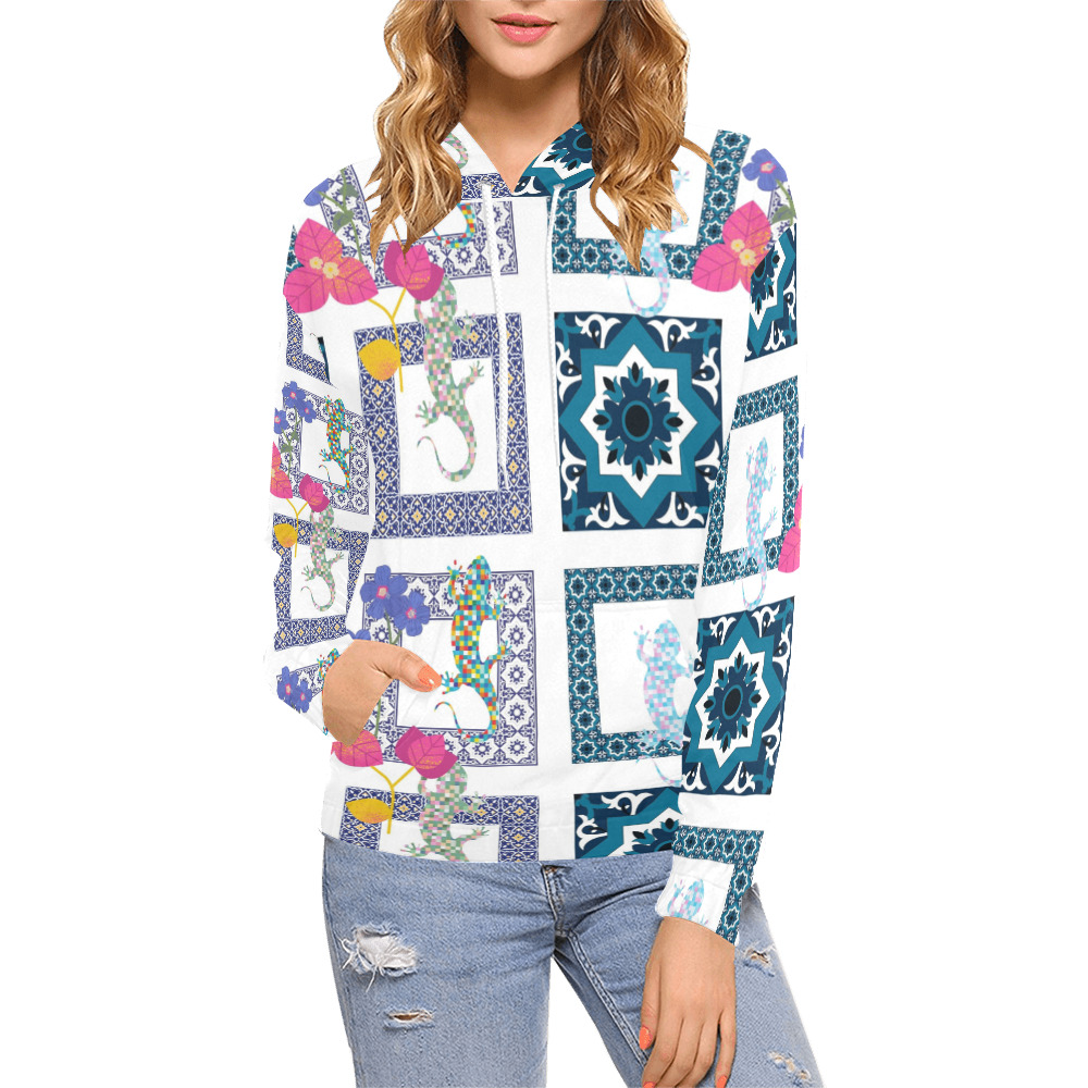 Blue Lizard Patch Mediterranean Design All Over Print Hoodie for Women (USA Size) (Model H13)