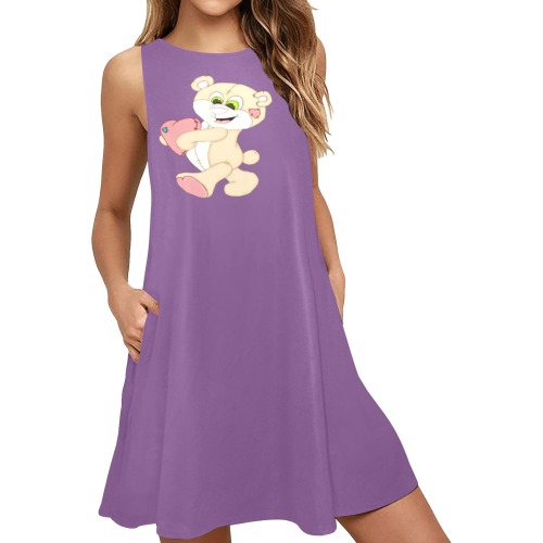 Patchwork Heart Teddy Purple Sleeveless A-Line Pocket Dress (Model D57)