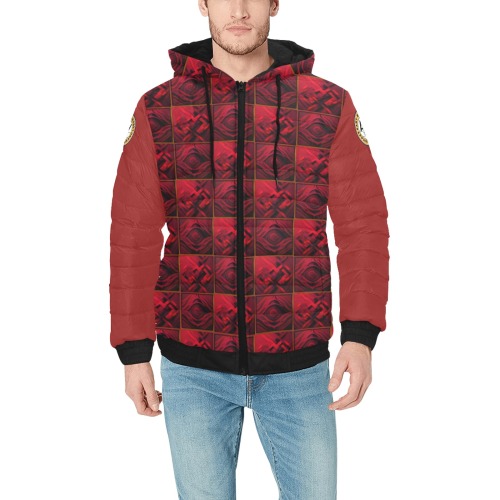 alternating pattern red diamond Men's Padded Hooded Jacket (Model H42)