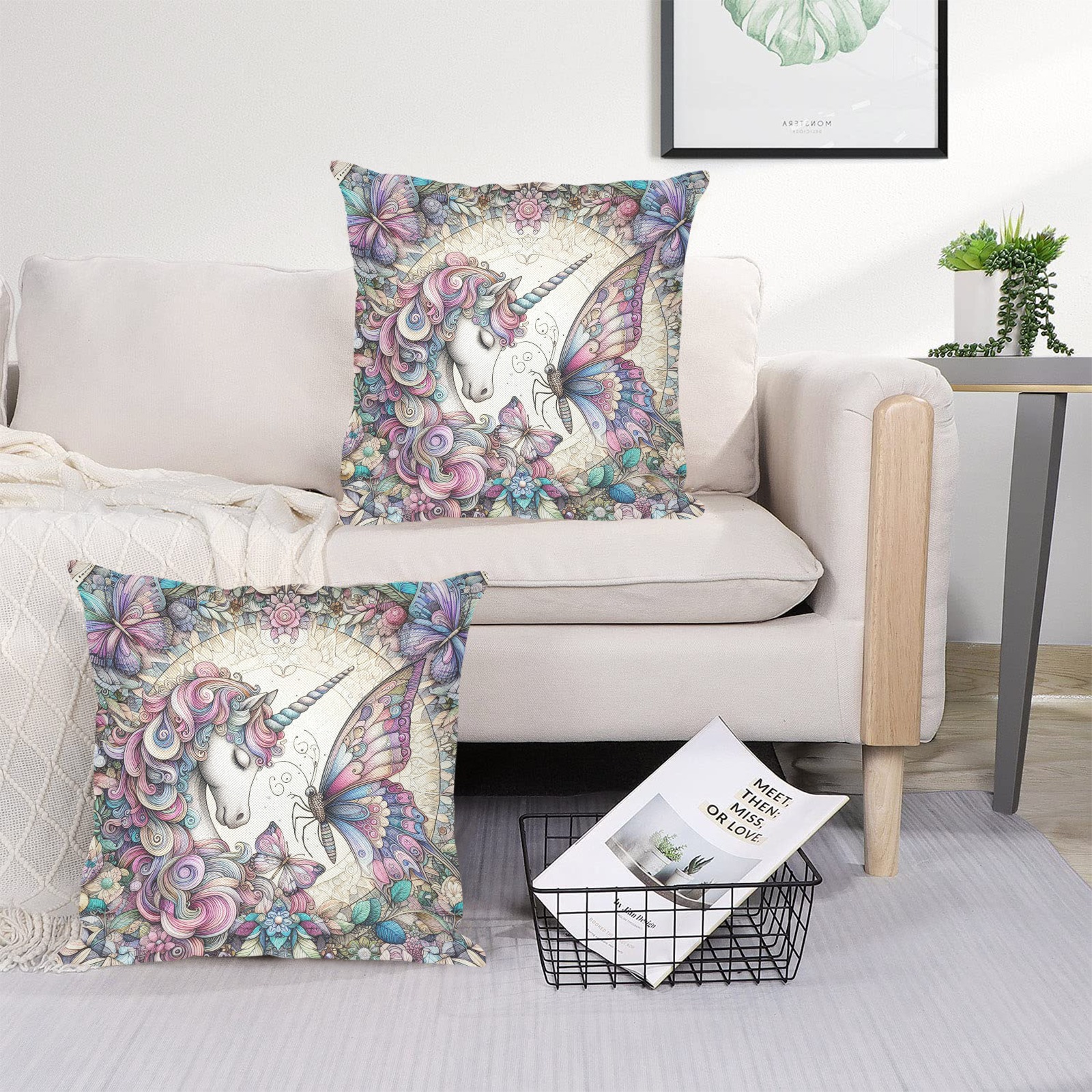 The Unicorn And Butterfly Linen Zippered Pillowcase 18"x18"(Two Sides&Pack of 2)