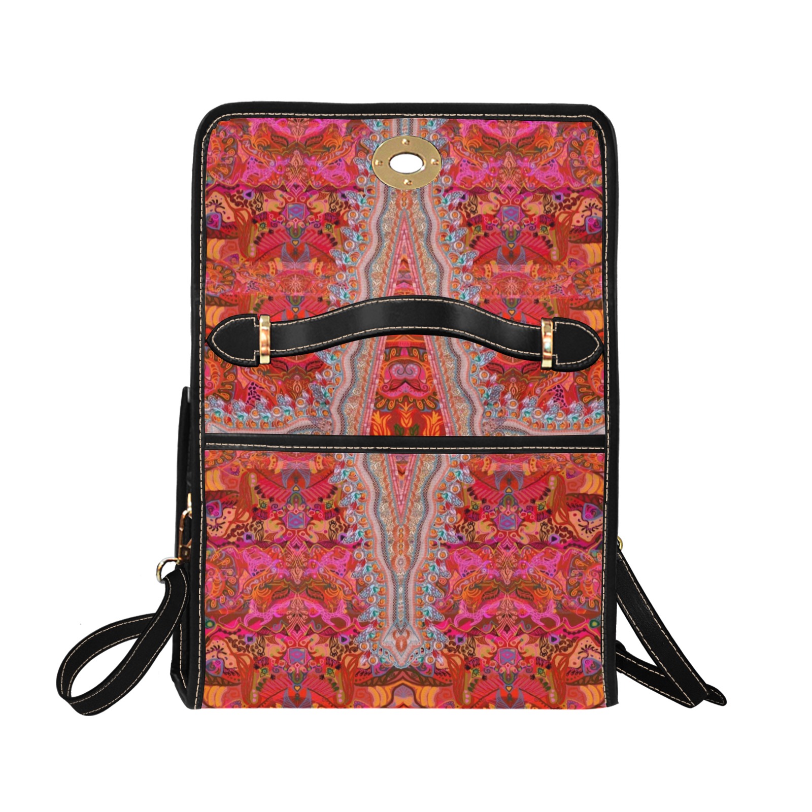tribal pearls and feathers red Waterproof Canvas Bag-Black (All Over Print) (Model 1641)