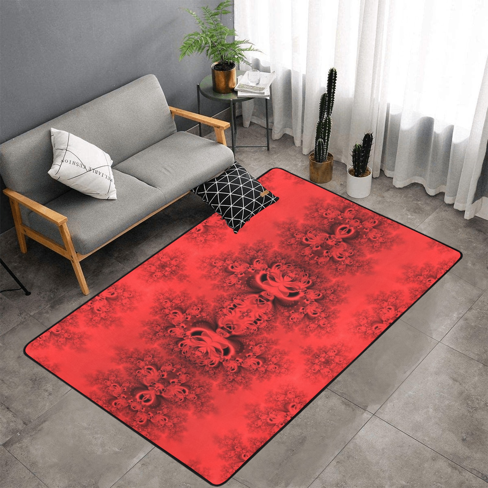Autumn Reds in the Garden Frost Fractal Area Rug with Black Binding 7'x5'