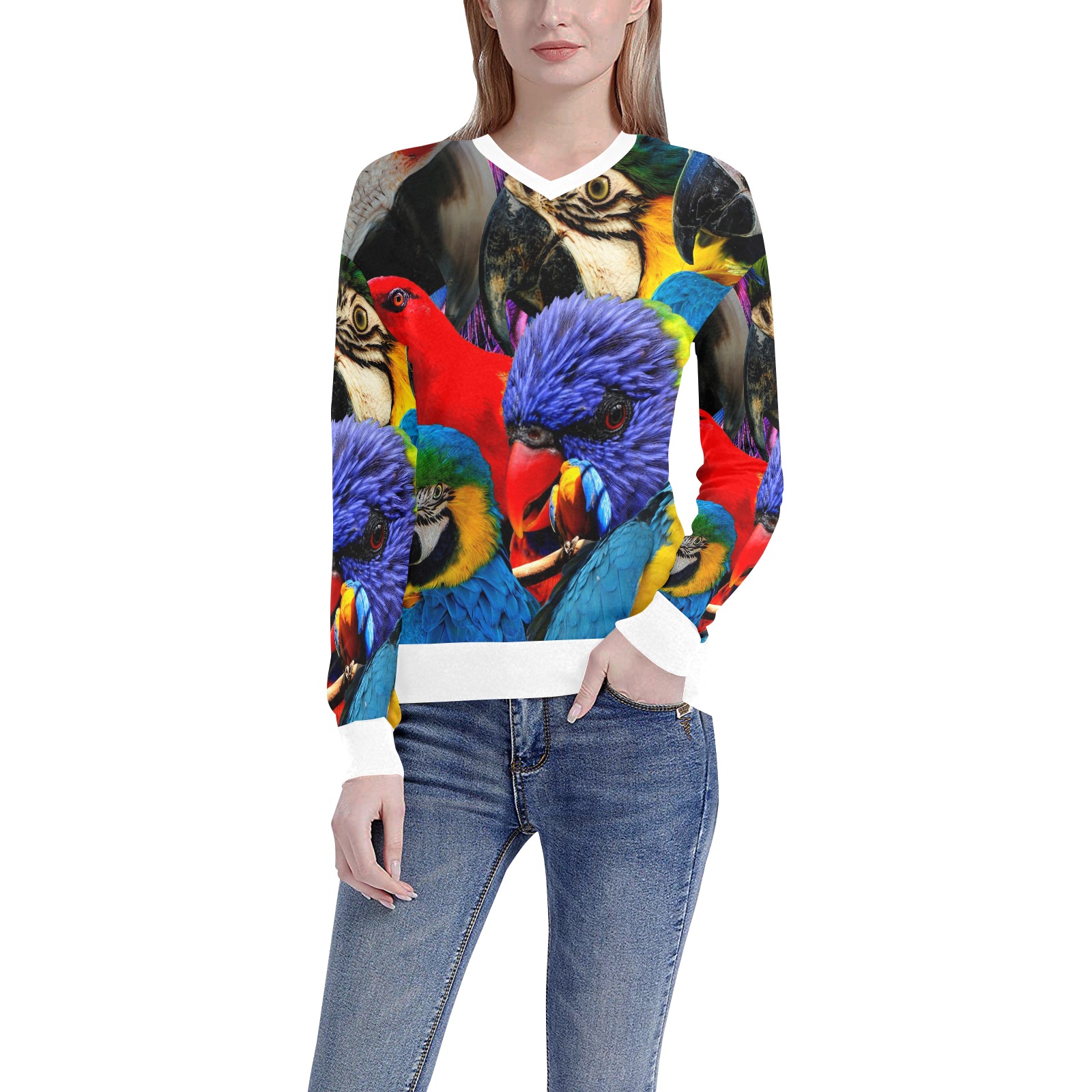 PARROTS Women's All Over Print V-Neck Sweater (Model H48)