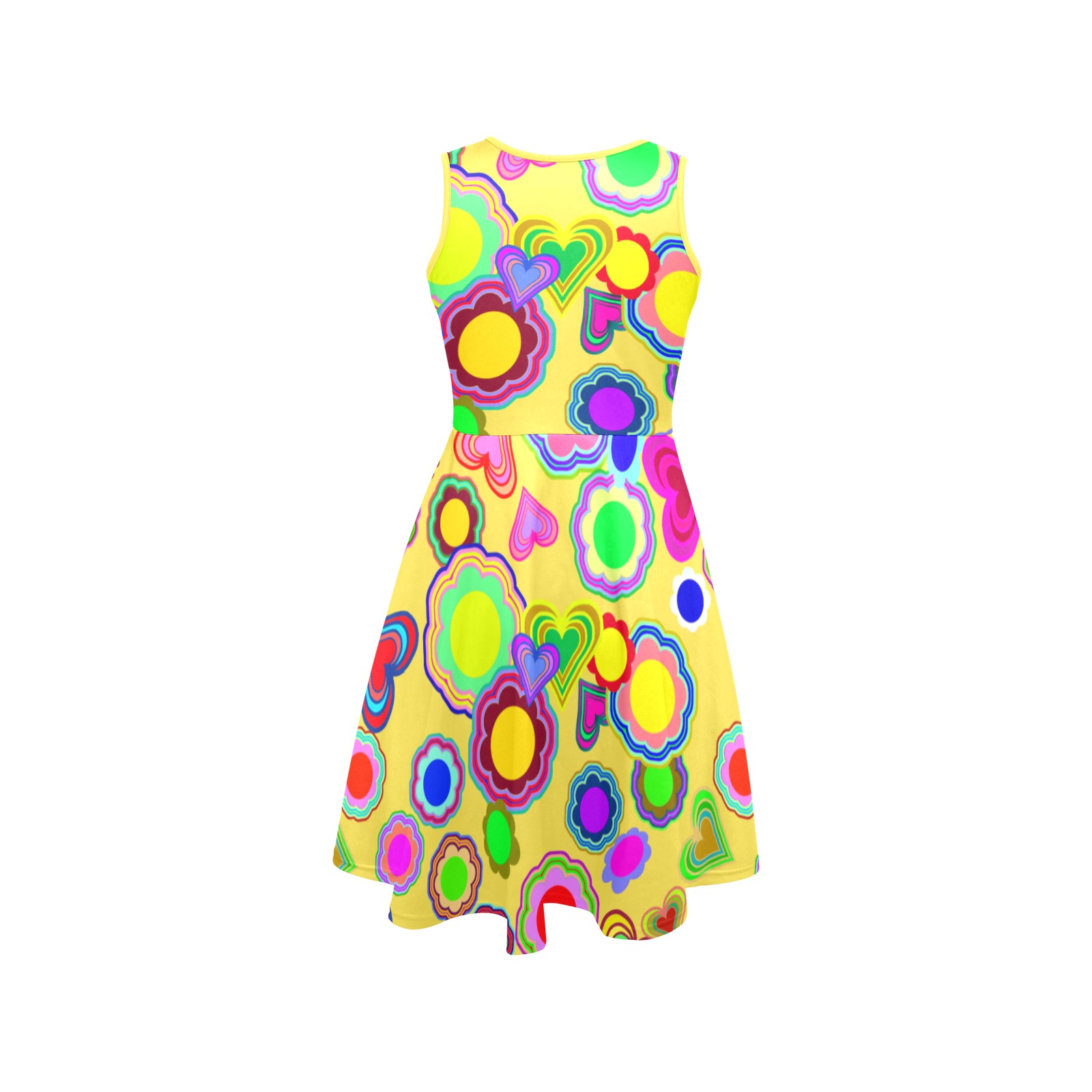 Groovy Hearts and Flowers Yellow Sleeveless Expansion Dress (Model D60)