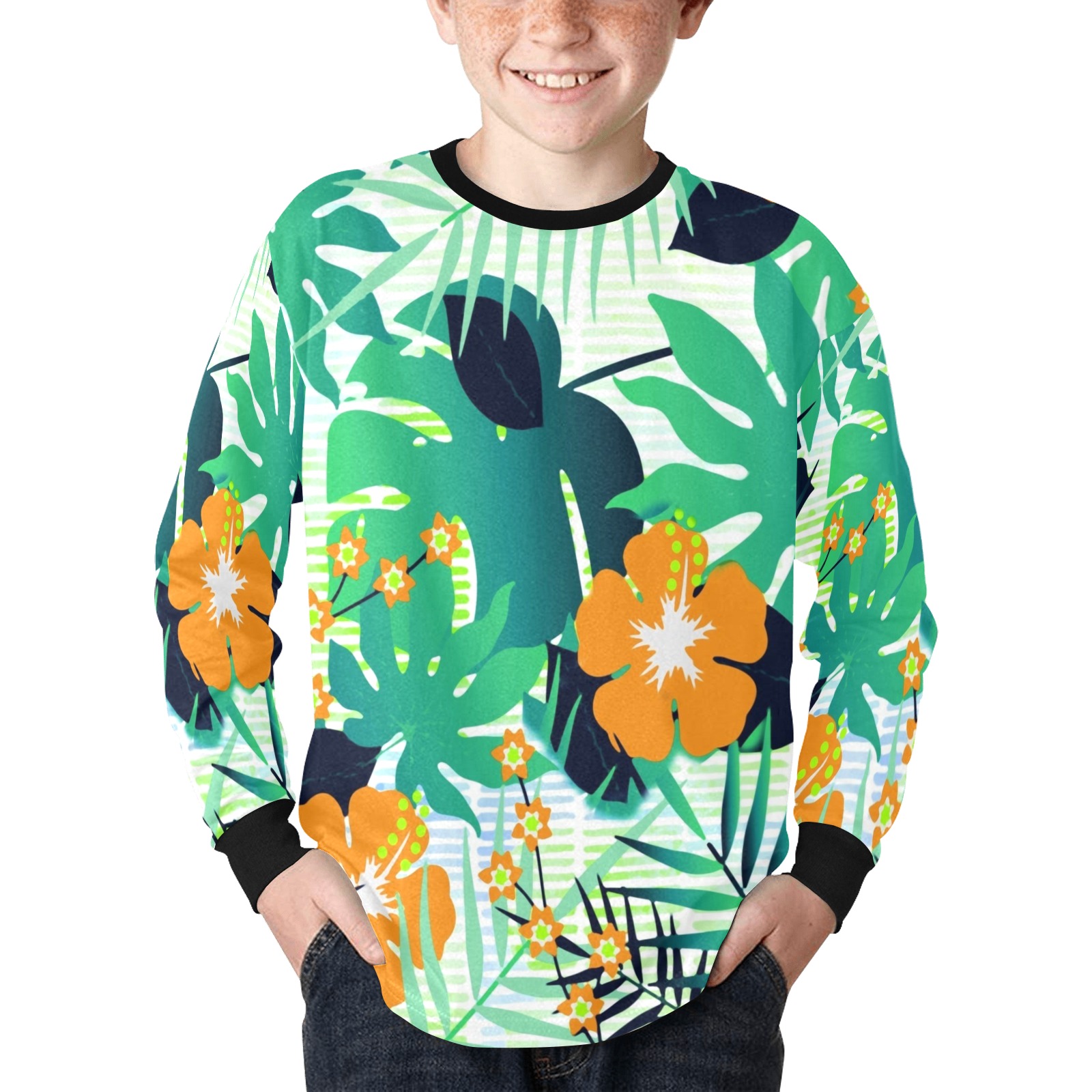 GROOVY FUNK THING FLORAL Kids' Rib Cuff Long Sleeve T-shirt (Model T64)