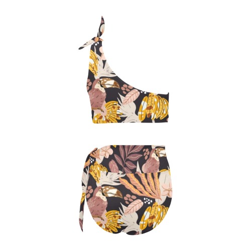 Dark jungle bananas and toucans_01 High Waisted One Shoulder Bikini Set (Model S16)