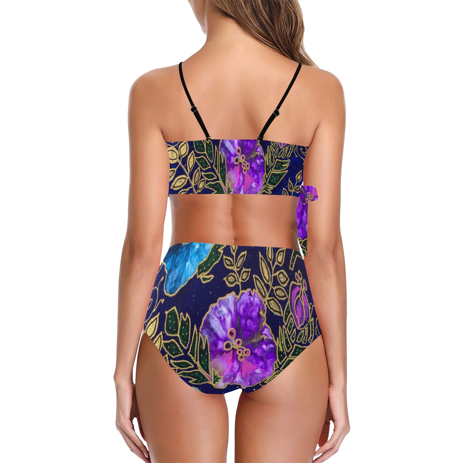 Dark Blue Floral Knot Side Bikini Swimsuit (Model S37)