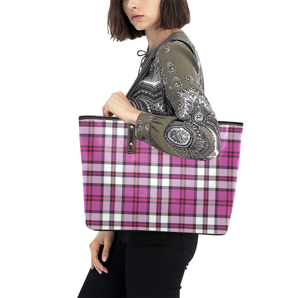 Pink and White Tartan Bag Chic Leather Tote Bag (Model 1709)