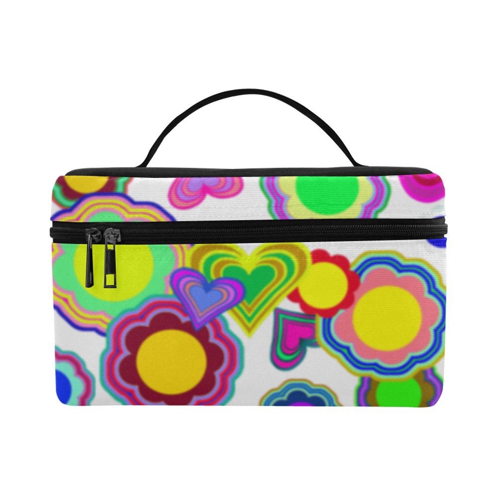 Groovy Hearts and Flowers White Cosmetic Bag/Large (Model 1658)