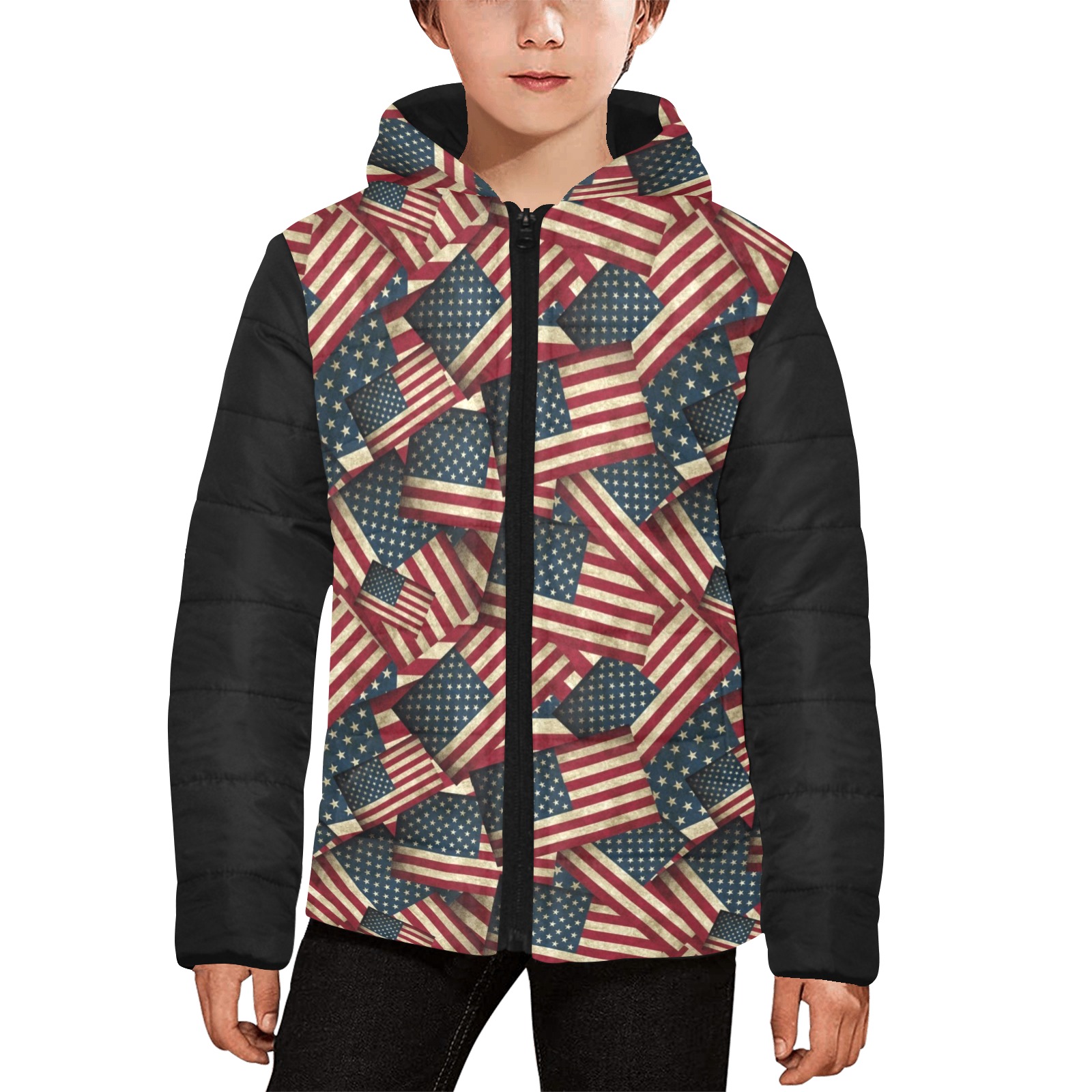 Patriotic USA American Flag Art Vest Style Kids' Padded Hooded Jacket (Model H45)