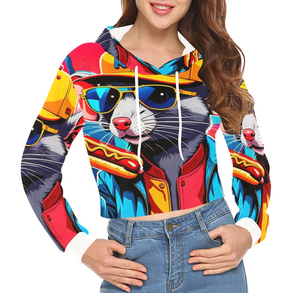 HOT DOG EATING NYC RAT 3 All Over Print Crop Hoodie for Women (Model H22)