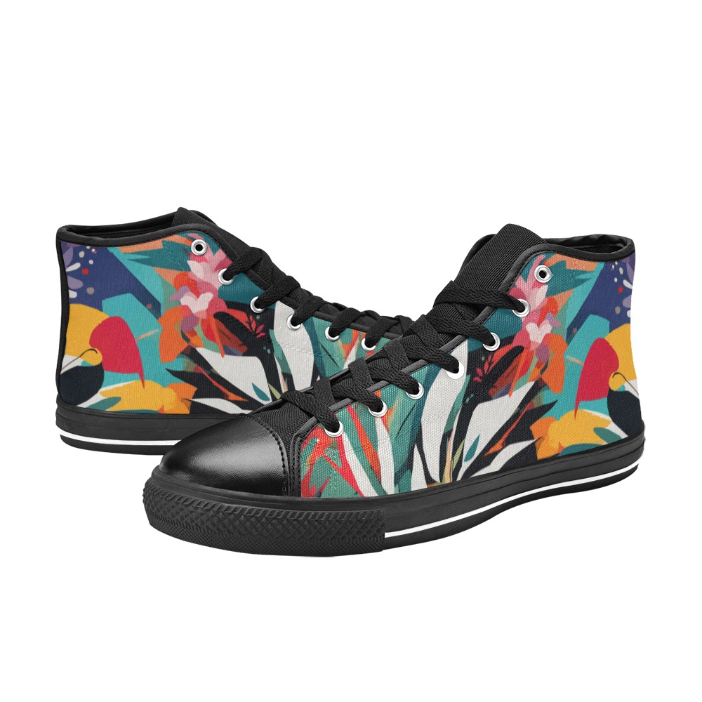 Tropical flowers and plants on orange background. Women's Classic High Top Canvas Shoes (Model 017)