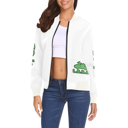 Lady Bikers Jacket White All Over Print Bomber Jacket for Women (Model H19)