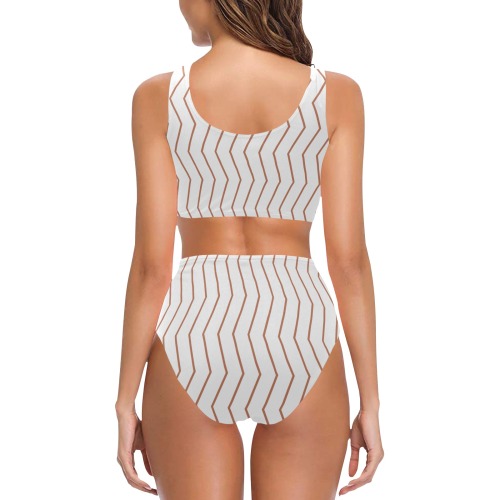 White tan brown chevron vertical lines pattern Chest Bowknot Bikini Swimsuit (Model S33)
