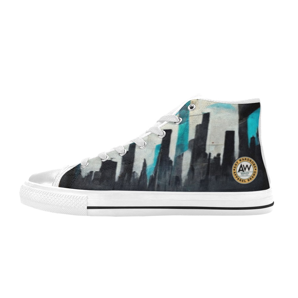 graffiti building's turquoise and black Men’s Classic High Top Canvas Shoes (Model 017)