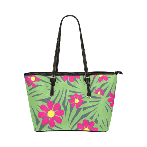 Pink Exotic Paradise Jungle Flowers and Leaves Leather Tote Bag/Large (Model 1651)