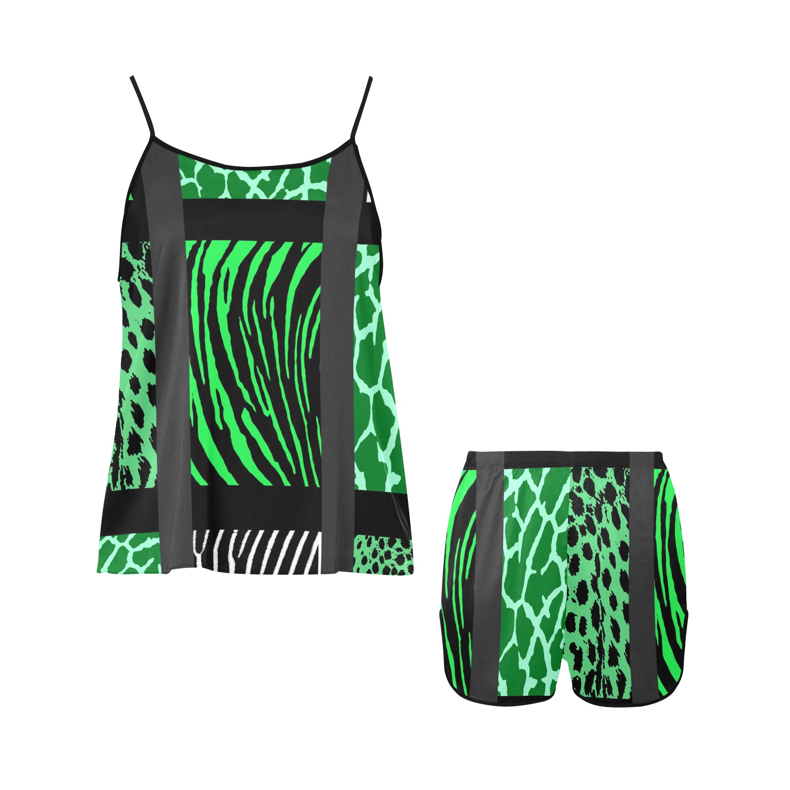 Green Mixed Animal Print Women's Spaghetti Strap Short Pajama Set
