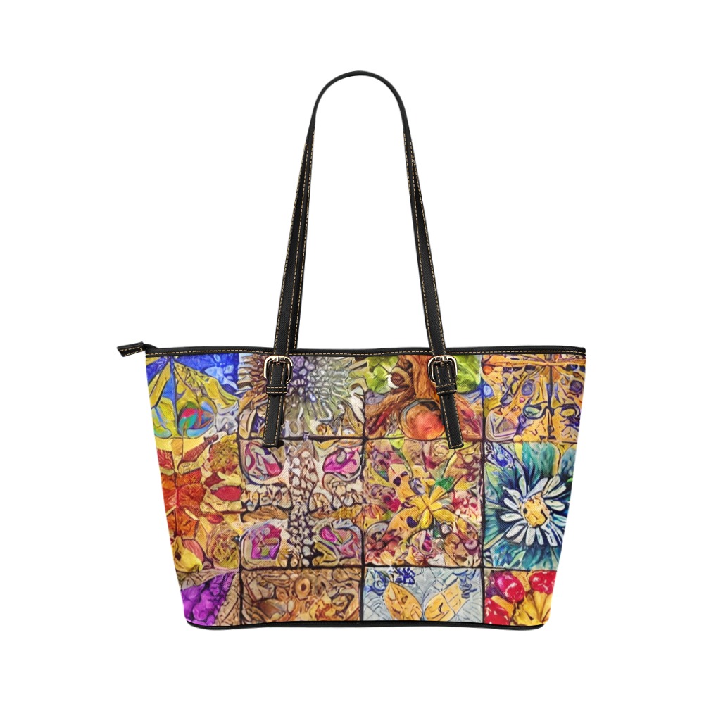 Boho Aesthetic Simulated Quilt Artwork Leather Tote Bag/Large (Model 1651)