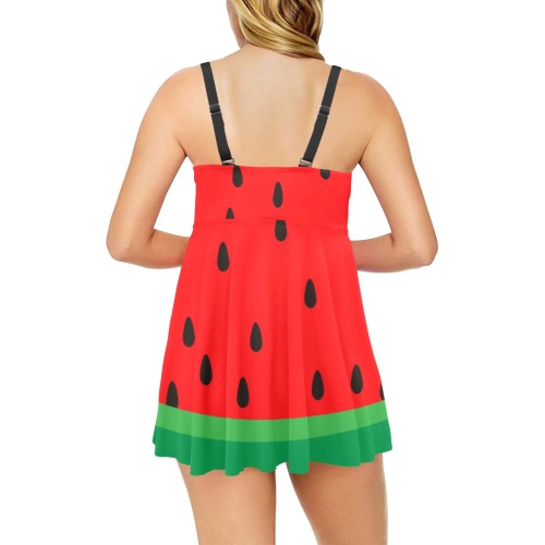 Watermelon With Green Shorts Chest Pleat Swim Dress (Model S31)