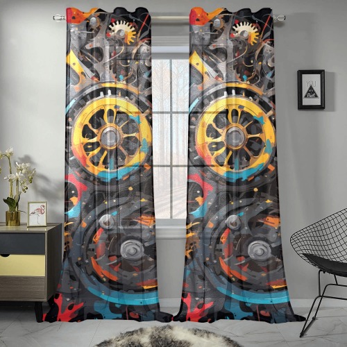 Charming abstract art of a fantasy engine on black Gauze Curtain 28"x95" (Two-Piece)