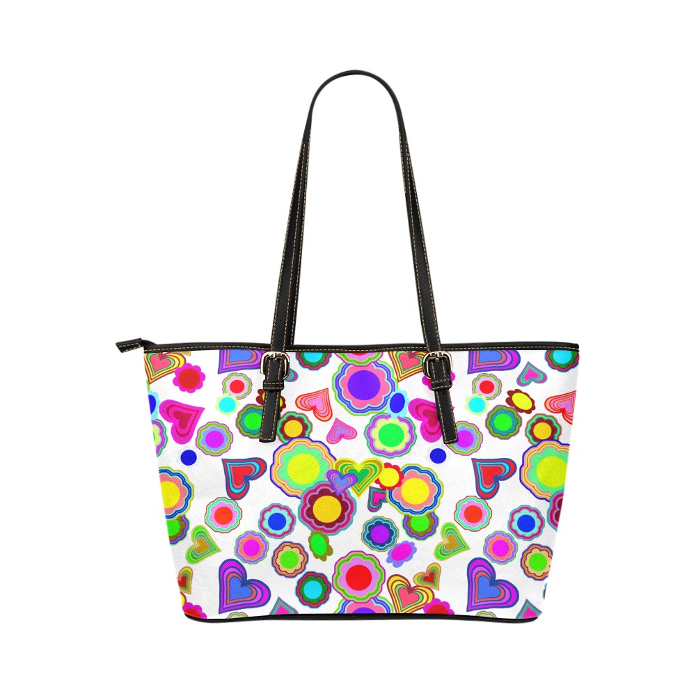 Groovy Hearts and Flowers White Leather Tote Bag/Small (Model 1651)