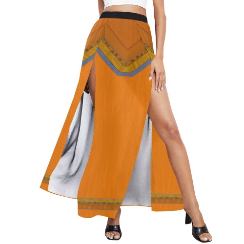 Ethnic Orange, Blue and Rust High Slit Long Beach Dress (Model S40)