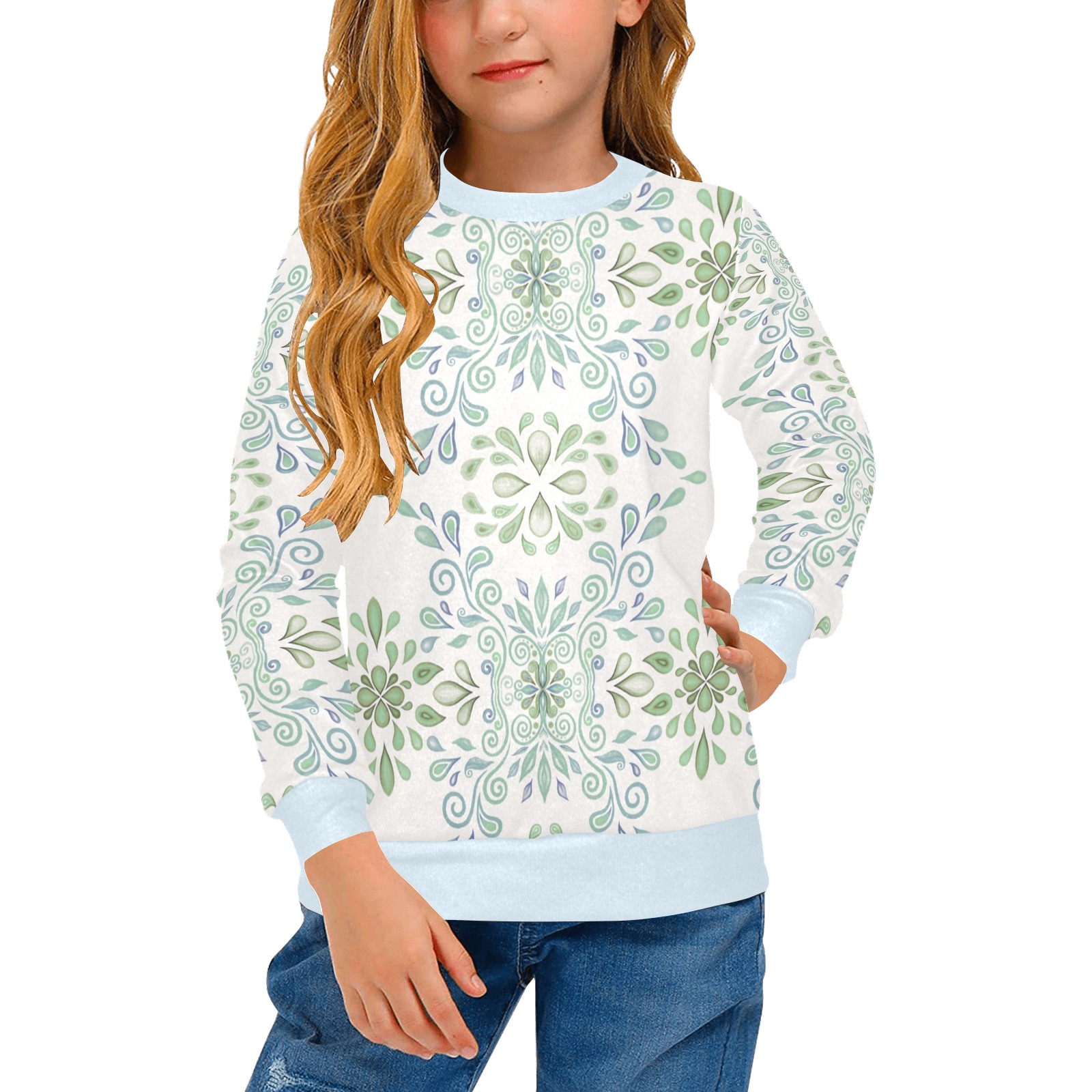 Blue and Green watercolor pattern on blue Girls' All Over Print Crew Neck Sweater (Model H49)