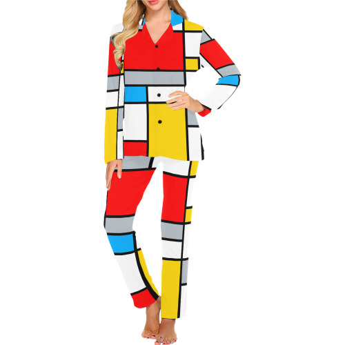 Mondrian Style Color Composition Geometric Retro Art Women's Long Pajama Set