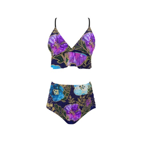Dark Blue Floral Ruffle Hem Bikini Swimsuit (Model S35)