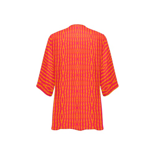 Bohemian ornamental hot pink & orange Women's Kimono Chiffon Cover Ups (Model H51)