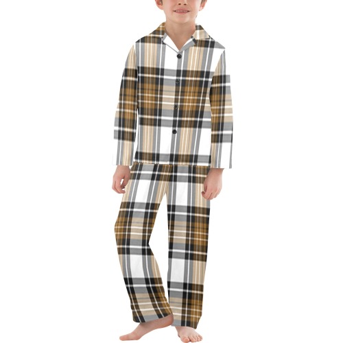 Brown Black Plaid Big Boys' V-Neck Long Pajama Set