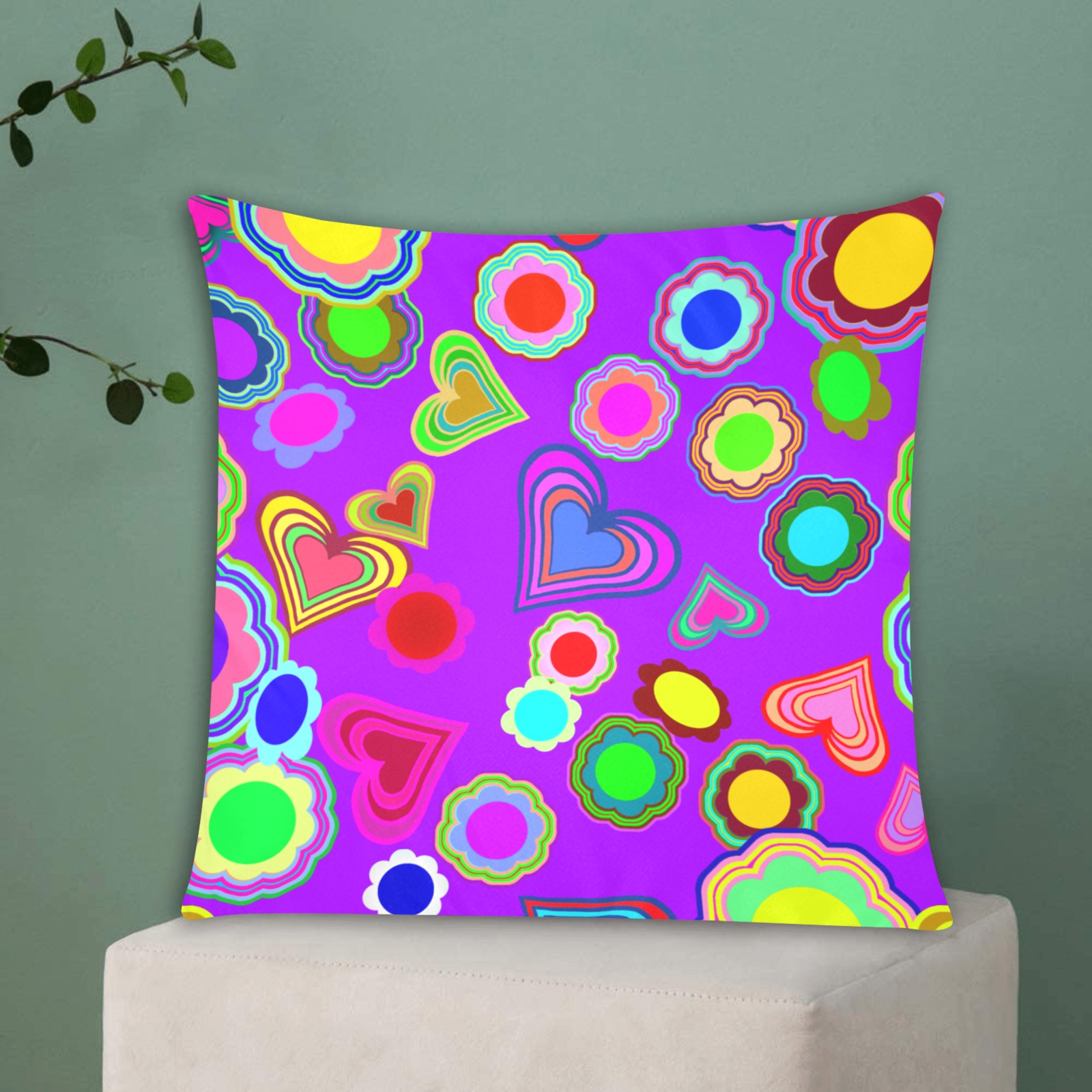 Groovy Hearts and Flowers Purple Custom Zippered Pillow Cases 18"x18" (Two Sides)
