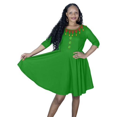 Green Elf Costume Half Sleeve Skater Dress (Model D61)