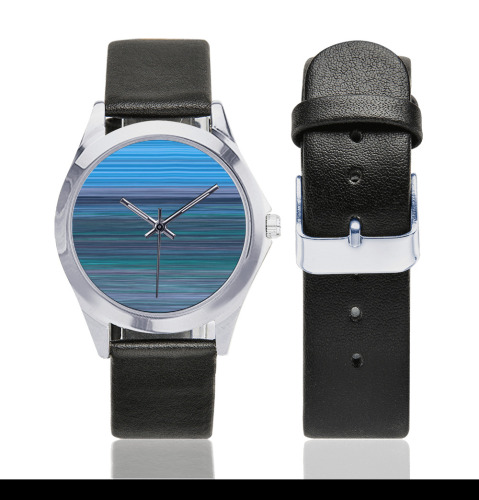 Abstract Blue Horizontal Stripes Unisex Silver-Tone Round Leather Watch (Model 216)