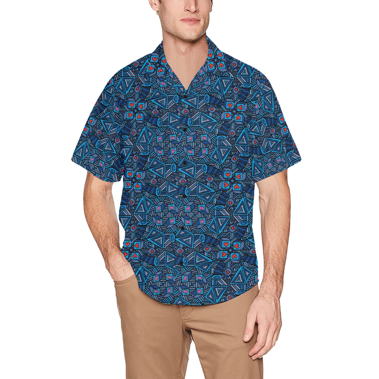 Blue Doodles - Hearts And Smiles Hawaiian Shirt with Chest Pocket (Model T58)